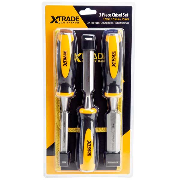 3-Piece Bevel Edge Chisel Set with Cr-V Steel Blades & Soft Grip Handles