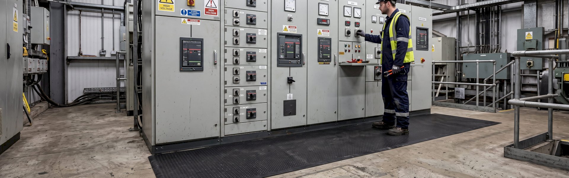 Black electrical safety matting laid in front of a switchboard in a UK industrial plant room