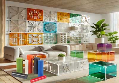 Acrylic sheets and plastic rods displayed for material selection