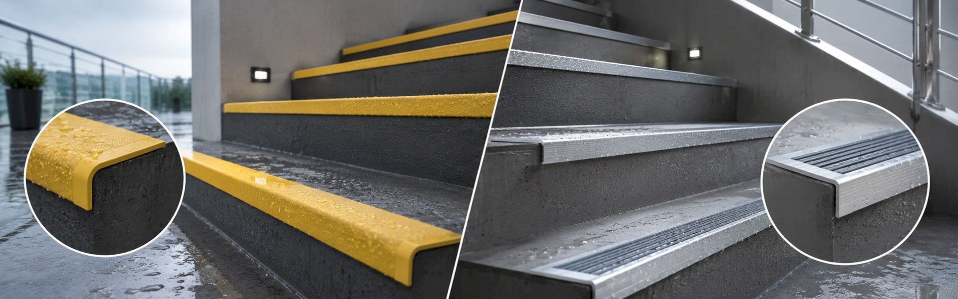 Comparing GRP and aluminium stair nosing for commercial stair safety
