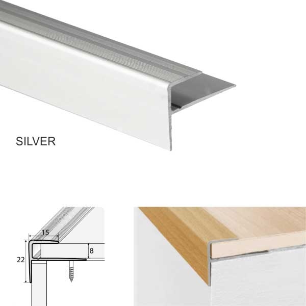 Push-In Anodised Aluminium Stair Nosing Edge Trim, Laminate or Wood Floors
