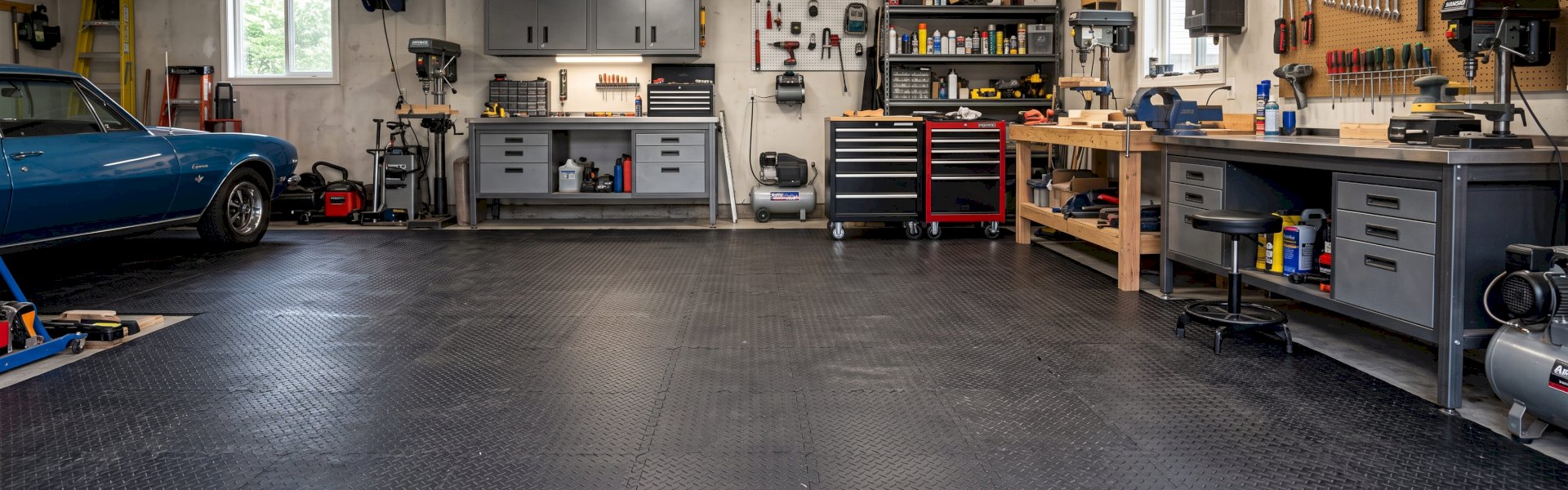 Interlocking black rubber floor tiles & mats installed in a gym and workshop