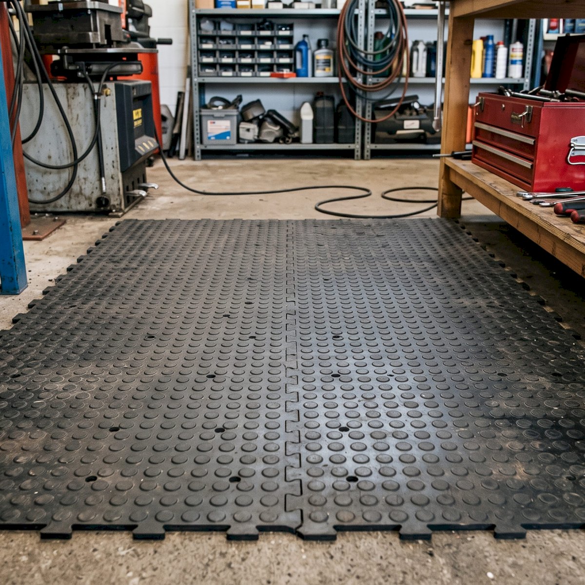 Close-up of interlocking anti-slip rubber floor tiles with drainage holes