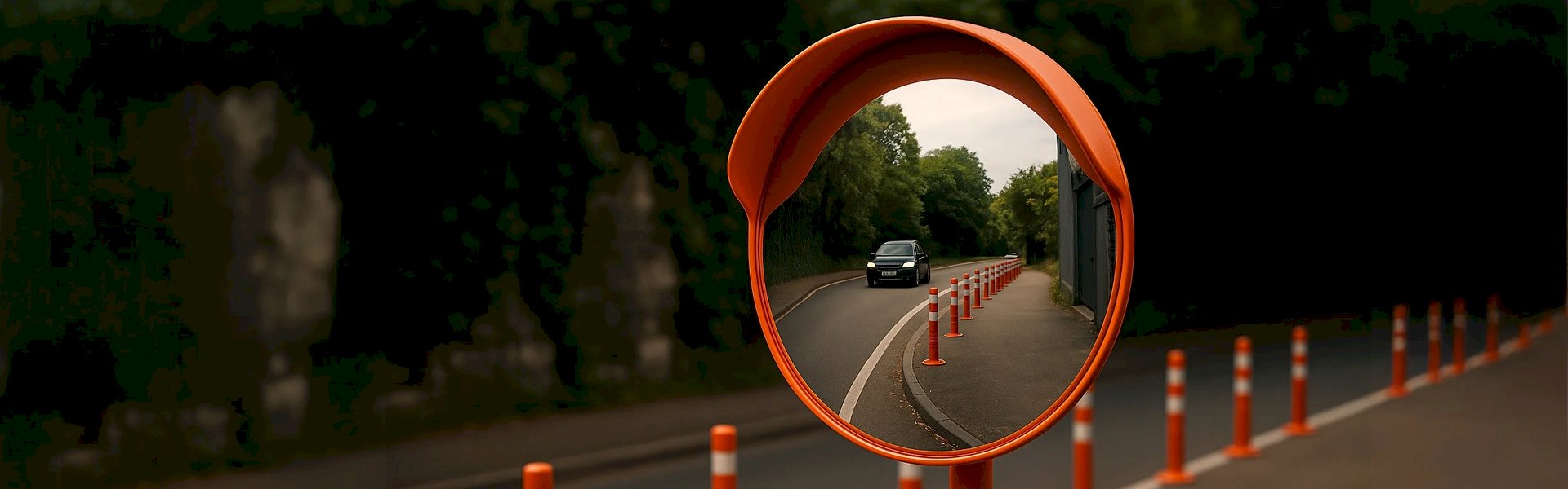 Convex safety mirrors improving visibility in warehouse and car park traffic areas