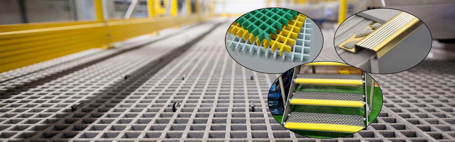 Close-up of anti-slip flooring solutions showcasing tile trims and GRP safety products